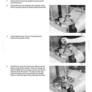 May include: A technical manual page titled Hydraulic pump - Assemble (L.20.C.20 - F.10.A.20) featuring three black and white photographs showing the assembly process of a hydraulic pump component using a press and snap ring pliers.