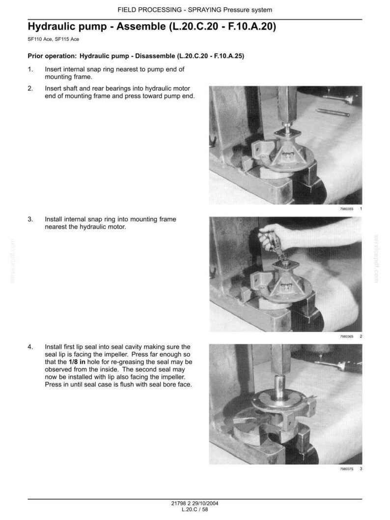 May include: A technical manual page titled Hydraulic pump - Assemble (L.20.C.20 - F.10.A.20) featuring three black and white photographs showing the assembly process of a hydraulic pump component using a press and snap ring pliers.