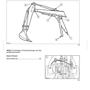 May include: Line drawing of an adjustable boom/dipper for a WX150 series machine. The diagram shows the boom, dipper, and bucket with numbered points for lubrication. The text indicates lubrication points and frequency.