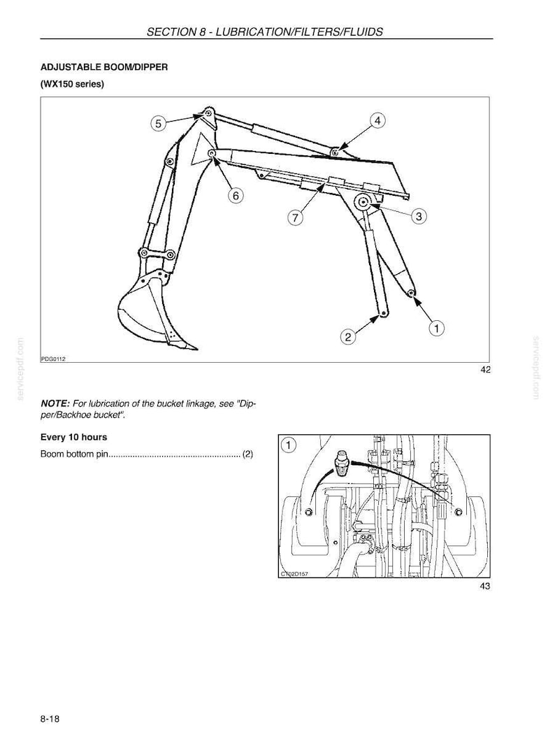 May include: Line drawing of an adjustable boom/dipper for a WX150 series machine. The diagram shows the boom, dipper, and bucket with numbered points for lubrication. The text indicates lubrication points and frequency.