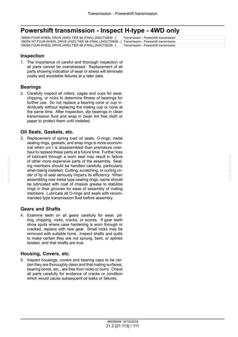 Puede incluir: Documento t&eacute;cnico sobre la transmisi&oacute;n Powershift, tipo H-type, 4WD. Instrucciones de inspecci&oacute;n de rodamientos, retenes de aceite, engranajes y carcasas. Texto negro sobre fondo blanco, con medidas en sistema m&eacute;trico.