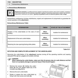 Puede incluir: Una p&aacute;gina de un manual de mantenimiento para una pinza de demolici&oacute;n y clasificaci&oacute;n. El documento detalla los procedimientos de mantenimiento extraordinario, incluida la rotaci&oacute;n y el reemplazo de las cuchillas inferiores, con diagramas y advertencias de seguridad.
