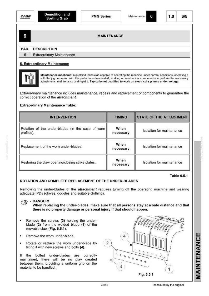 Puede incluir: Una p&aacute;gina de un manual de mantenimiento para una pinza de demolici&oacute;n y clasificaci&oacute;n. El documento detalla los procedimientos de mantenimiento extraordinario, incluida la rotaci&oacute;n y el reemplazo de las cuchillas inferiores, con diagramas y advertencias de seguridad.