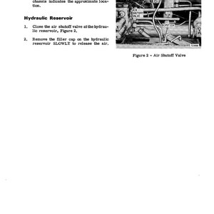 May include: A black and white diagram of an air shutoff valve and hydraulic reservoir. The diagram includes labels such as "Air Shutoff Valve" and "Dipstick". Text instructions are provided for the air system and hydraulic reservoir.