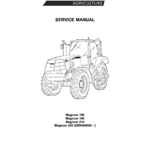 May include: A service manual for Case IH Magnum tractors. The cover features a detailed line drawing of a tractor, with the Case IH logo and "Agriculture" above. The manual's title is "Service Manual". Listed models include Magnum 180, 190, 210, and 225.