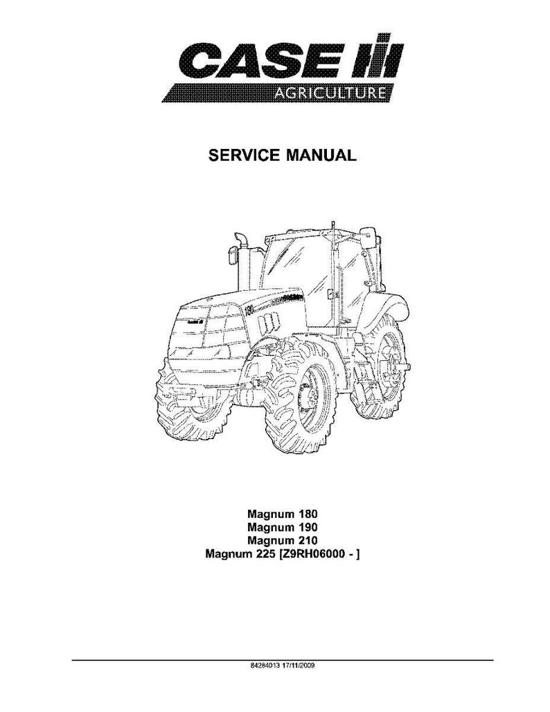 May include: A service manual for Case IH Magnum tractors. The cover features a detailed line drawing of a tractor, with the Case IH logo and "Agriculture" above. The manual's title is "Service Manual". Listed models include Magnum 180, 190, 210, and 225.