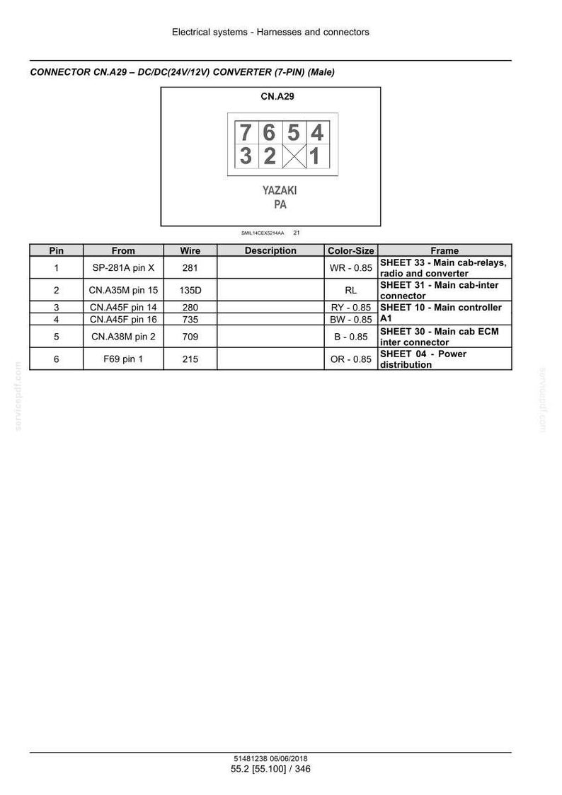 Pu&ograve; includere: Schema di un convertitore CN.A29 DC/DC (24V/12V) con un connettore maschio a 7 pin. Include un diagramma dei pin, descrizioni dei fili e specifiche di colore e dimensioni. Il logo YAZAKI PA &egrave; visibile.