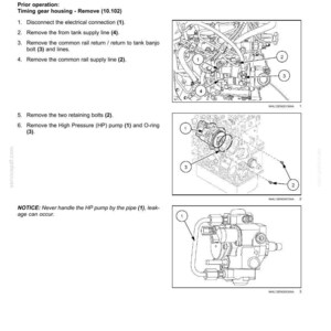 May include: Diagram of an engine fuel injection system, detailing the removal of a high-pressure pump. Includes numbered illustrations of components and steps, with text instructions. The image is a technical drawing.