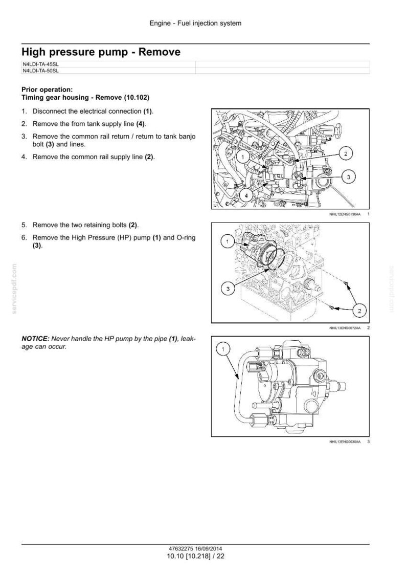 May include: Diagram of an engine fuel injection system, detailing the removal of a high-pressure pump. Includes numbered illustrations of components and steps, with text instructions. The image is a technical drawing.