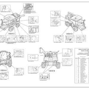 Pu&ograve; includere: Diagramma tecnico di una mietitrebbia, con viste A, B, C e D, e illustrazioni dettagliate dei componenti. Il testo include "AXIAL-FLOW 7230, AXIAL-FLOW 8230, AXIAL-FLOW 8230, COMBINES".