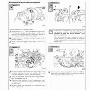 May include: Diagrams illustrating the disassembly of application components, including a supercharger, fuel filter, and pipelines. Text instructions accompany each diagram, detailing the steps for removal and disconnection.