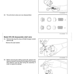 May include: Diagram of hydraulic control components, including springs, valve balls, and a plug. Instructions detail disassembly and measurement procedures for the relief valve, with an 8 mm hexagon socket spanner. Text includes "Model STA ON disassemble relief valve."