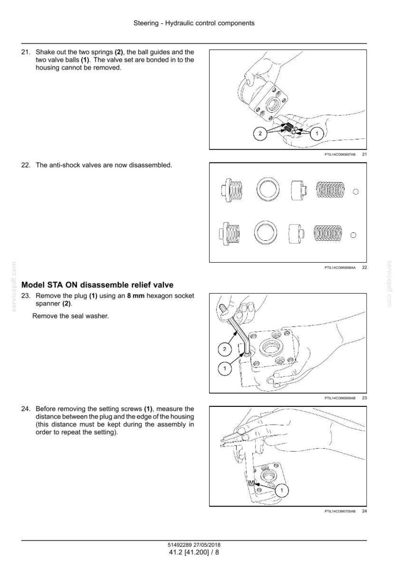 May include: Diagram of hydraulic control components, including springs, valve balls, and a plug. Instructions detail disassembly and measurement procedures for the relief valve, with an 8 mm hexagon socket spanner. Text includes "Model STA ON disassemble relief valve."