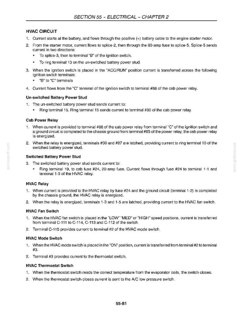 May include: A page from a manual titled "SECTION 55 - ELECTRICAL - CHAPTER 2." The text details HVAC circuit components, including the battery, ignition switch, and relays. The page includes diagrams and technical specifications.