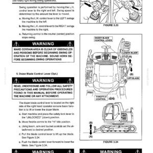 May include: A technical manual page titled Section III - BASIC MACHINE OPERATION, featuring black and white diagrams of excavator controls, including swing operation levers, a dozer blade control lever, and safety warning text in English.