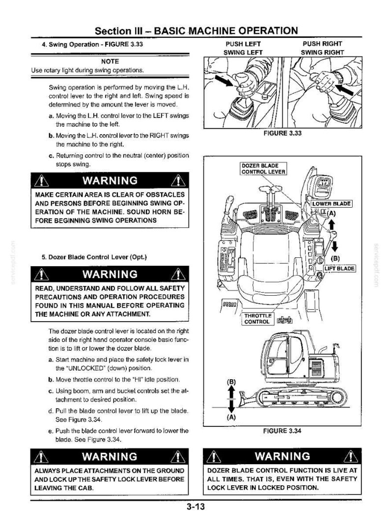 May include: A technical manual page titled Section III - BASIC MACHINE OPERATION, featuring black and white diagrams of excavator controls, including swing operation levers, a dozer blade control lever, and safety warning text in English.