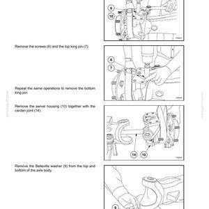 以下が含まれることがあります： SECTION 25 - FRONT AXLESと題された技術マニュアルのページで、4つの白黒線画が掲載されています。図は、スイベルハウジング、キングピン、カルダンジョイント、ベルビルワッシャーを取り外すための機械的な手順を段階的に示しています。