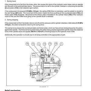 May include: Diagram of a hydraulic system's parking brake mechanism, detailing its components and operation. Includes labels for parts like the spindle, piston, and spring, with text explaining the process of stopping and starting. The diagram also shows the relief mechanism.