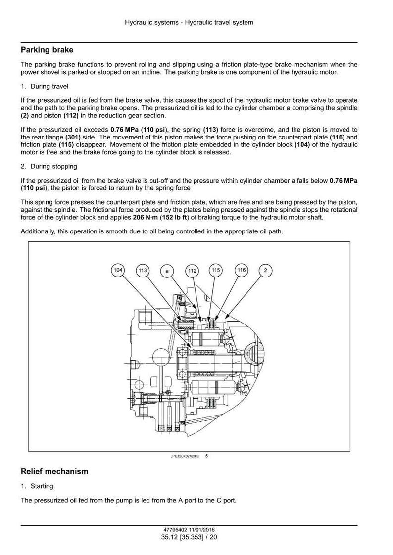 May include: Diagram of a hydraulic system's parking brake mechanism, detailing its components and operation. Includes labels for parts like the spindle, piston, and spring, with text explaining the process of stopping and starting. The diagram also shows the relief mechanism.