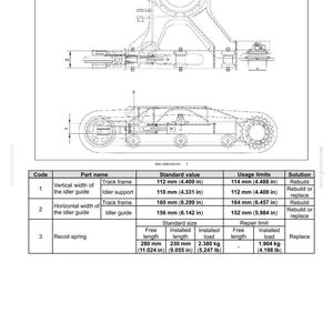 May include: Technical diagram of a track tensioner, detailing service limits. Includes measurements for track frame and idler guide in inches, along with recoil spring specifications. Features a schematic with labeled components and a table with values.