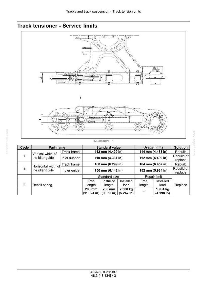 May include: Technical diagram of a track tensioner, detailing service limits. Includes measurements for track frame and idler guide in inches, along with recoil spring specifications. Features a schematic with labeled components and a table with values.