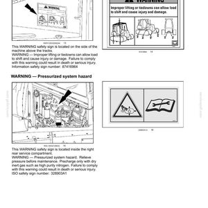 May include: A technical document page titled 2-SAFETY INFORMATION featuring two warning labels. The first shows a crush hazard warning with a crane lifting a machine. The second shows a pressurized system hazard with a wrench and oil icon.
