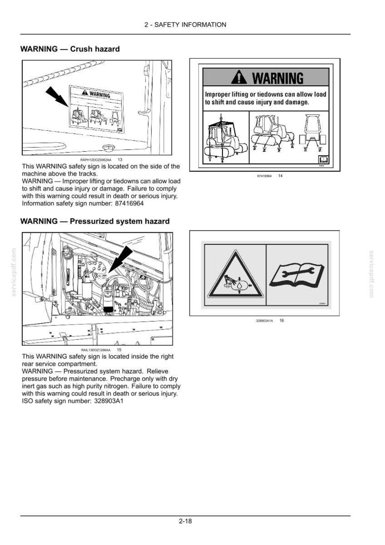 May include: A technical document page titled 2-SAFETY INFORMATION featuring two warning labels. The first shows a crush hazard warning with a crane lifting a machine. The second shows a pressurized system hazard with a wrench and oil icon.