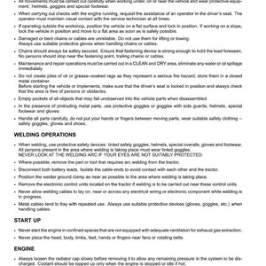 May include: A printed page with safety instructions, including warnings about engine operation, welding, and general maintenance. The text covers topics like ventilation, fire hazards, and protective gear. The document is dated 10/03/2015.
