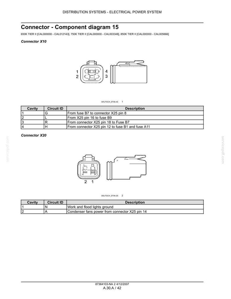 Op de afbeelding: Diagram van elektrische connectoren, gelabeld Connector X10 en X20, met componentdiagrammen en circuitbeschrijvingen. Bevat tekst: DISTRIBUTION SYSTEMS - ELECTRICAL POWER SYSTEM en Connector - Component diagram 15.