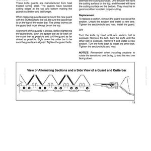 May include: Diagram of a Schumacher cutting system, detailing guards and sections. The image includes a view of alternating sections and a side view of a guard and cutterbar, with text explaining installation and maintenance.