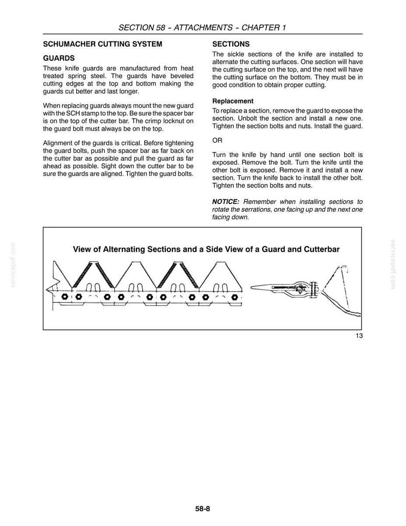 May include: Diagram of a Schumacher cutting system, detailing guards and sections. The image includes a view of alternating sections and a side view of a guard and cutterbar, with text explaining installation and maintenance.