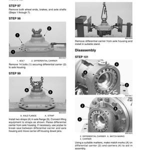May include: Diagram of a differential carrier removal and disassembly process. The image includes multiple steps with detailed instructions and labeled components, such as bolts, axle flanges, and straps. Text includes "DIFFERENTIAL CARRIER" and "Disassembly".