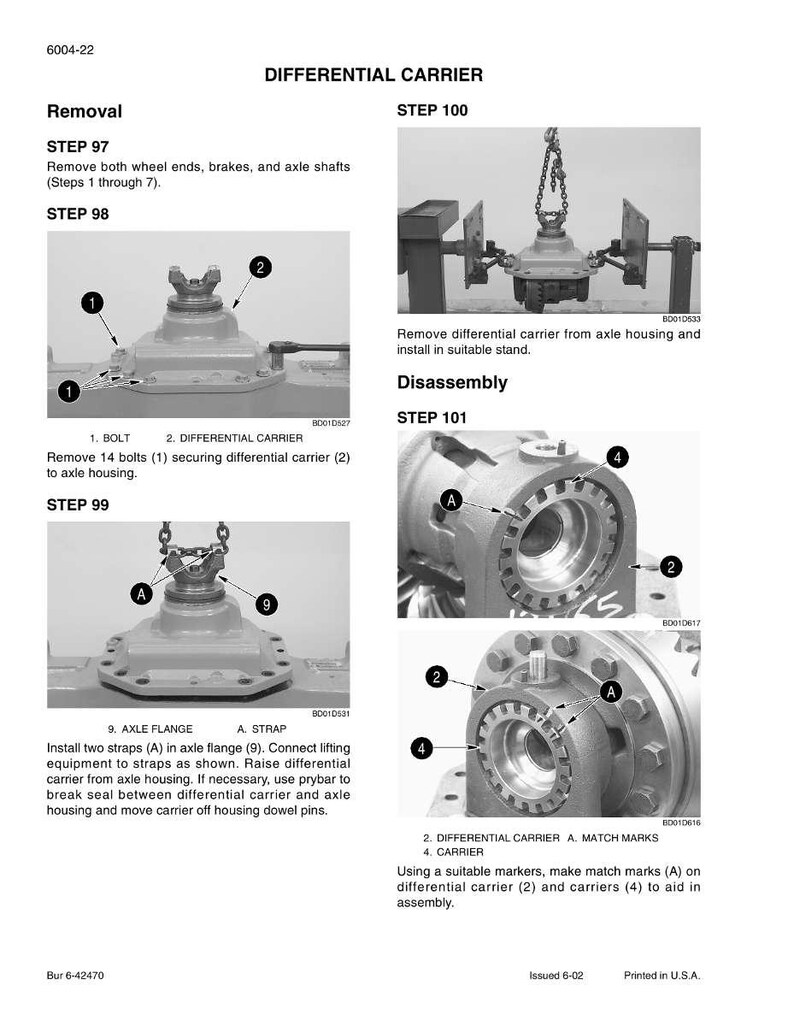 May include: Diagram of a differential carrier removal and disassembly process. The image includes multiple steps with detailed instructions and labeled components, such as bolts, axle flanges, and straps. Text includes "DIFFERENTIAL CARRIER" and "Disassembly".