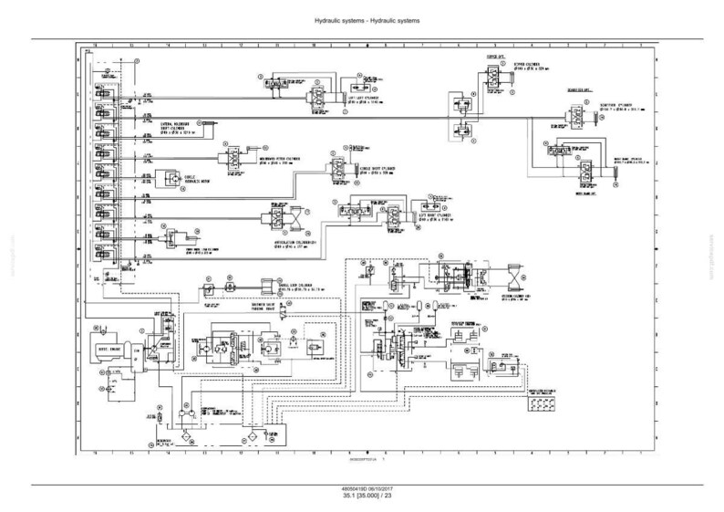 May include: A detailed technical diagram of a hydraulic system, featuring interconnected components, lines, and labels. The diagram is in black and white, with text indicating various parts and their functions. The title "Hydraulic systems - Hydraulic systems" is at the top.