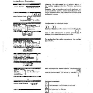 May include: A page from a diagnostic system operating instructions manual. The text includes configuration options, such as engine/pump options and excavator options. The document is in black and white.