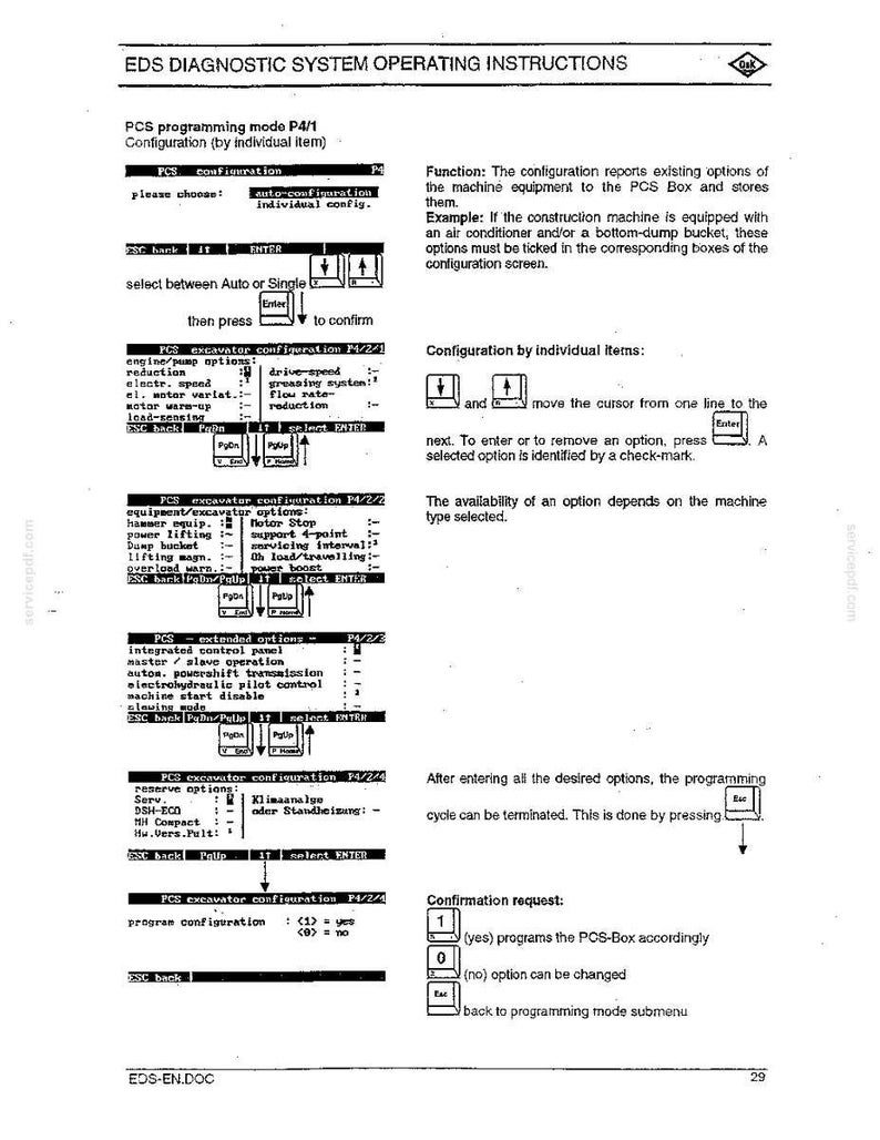 May include: A page from a diagnostic system operating instructions manual. The text includes configuration options, such as engine/pump options and excavator options. The document is in black and white.