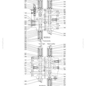 May include: A technical engineering diagram of a control valve labeled E215B-E245B, featuring detailed cross-sectional views labeled Section C-C and Section D-D. The schematic includes numerous numbered components, labels like P1 unload, Travel left, and Boom conflux.