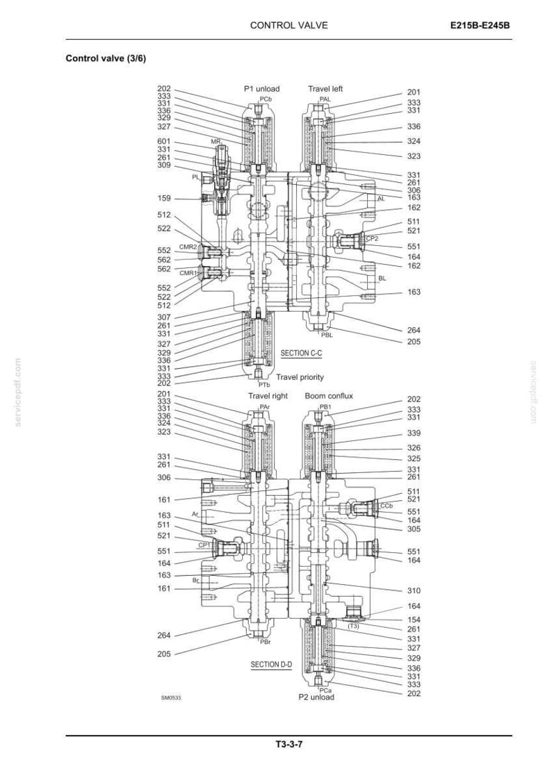 May include: A technical engineering diagram of a control valve labeled E215B-E245B, featuring detailed cross-sectional views labeled Section C-C and Section D-D. The schematic includes numerous numbered components, labels like P1 unload, Travel left, and Boom conflux.