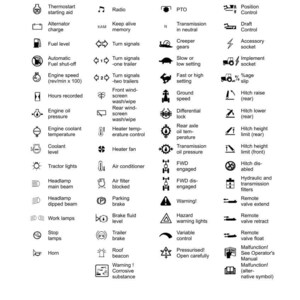 K&ouml;nnte beinhalten: Eine Seite mit dem Titel &bdquo;Internationale Symbole&ldquo; zeigt verschiedene universelle Symbole, die auf Maschineninstrumenten und -bedienelementen verwendet werden. Zu den Symbolen geh&ouml;ren solche f&uuml;r Kraftstoffstand, Motordrehzahl und Warnleuchten.