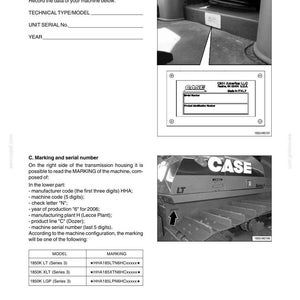 May include: A page from a manual for a Case 1850K machine. The image shows the machine identification plate, marking and serial number information, and a diagram of the machine. The text includes model and marking details.