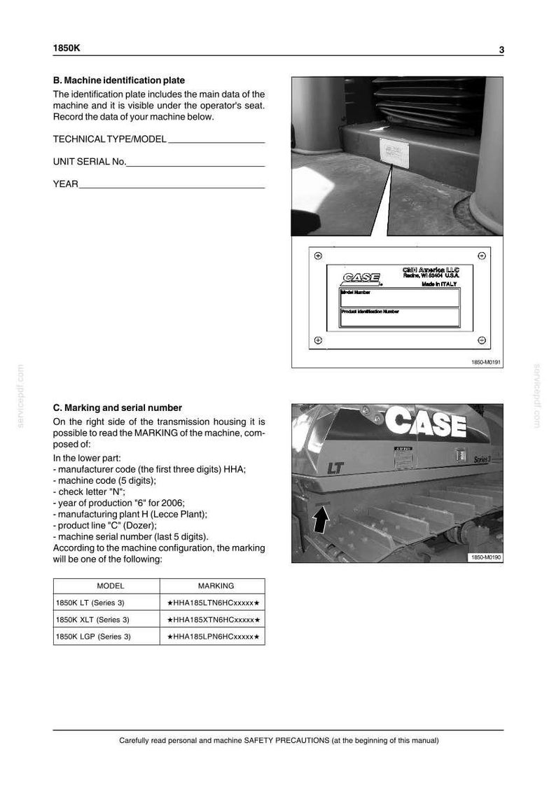 May include: A page from a manual for a Case 1850K machine. The image shows the machine identification plate, marking and serial number information, and a diagram of the machine. The text includes model and marking details.
