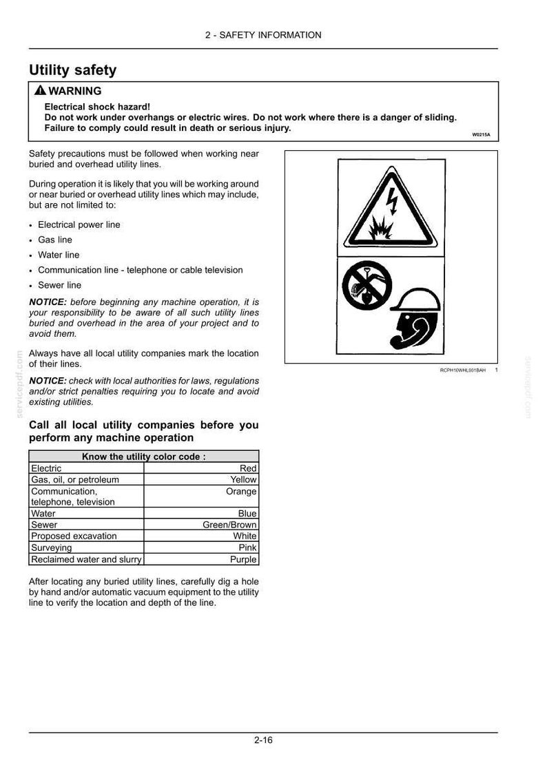 May include: Safety information document with warnings about utility safety. Includes a warning triangle with a lightning bolt, and symbols for potential hazards. Also includes a colour code chart for utility lines.