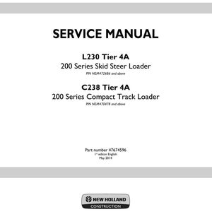 May include: A white document titled "SERVICE MANUAL" with black text. It lists specifications for L230 and C238 Tier 4A loaders, including part numbers and edition details. The New Holland Construction logo is at the bottom.