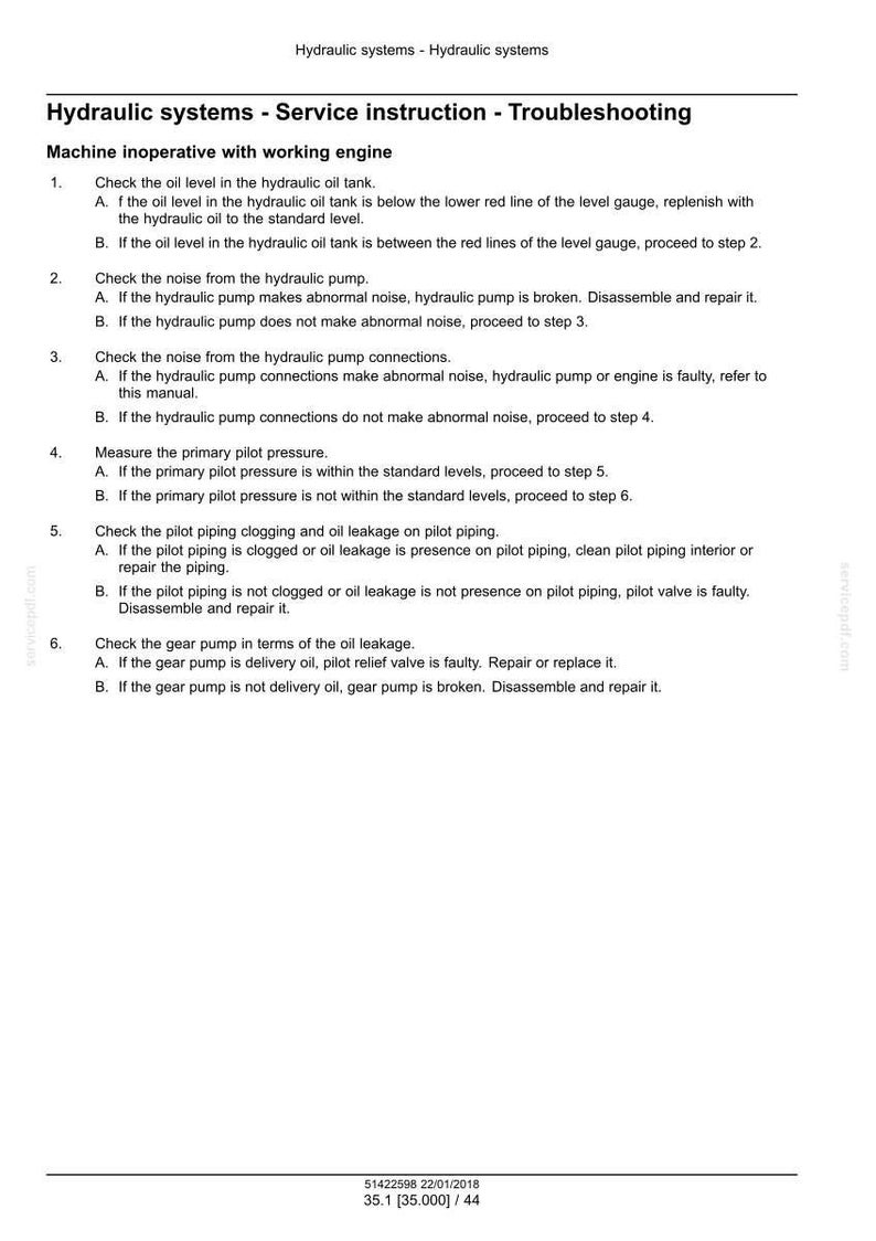 May include: Troubleshooting guide for hydraulic systems, detailing service instructions. The document includes steps for checking oil levels, pump noise, pilot pressure, and gear pump function. Text is in black on a white background.