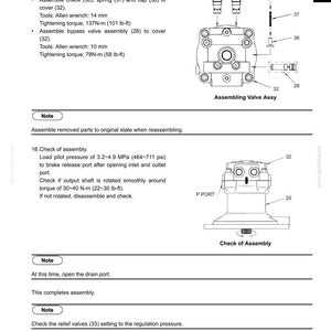 May include: A technical manual page titled 33. UPPER SLEWING STRUCTURE, featuring diagrams for assembling a valve assembly with numbered parts 28, 32, 33, 36, 37, and 38, alongside instructions for checking assembly, load pilot pressure, and torque specifications.
