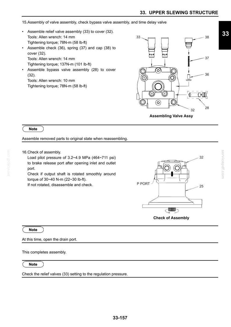 May include: A technical manual page titled 33. UPPER SLEWING STRUCTURE, featuring diagrams for assembling a valve assembly with numbered parts 28, 32, 33, 36, 37, and 38, alongside instructions for checking assembly, load pilot pressure, and torque specifications.