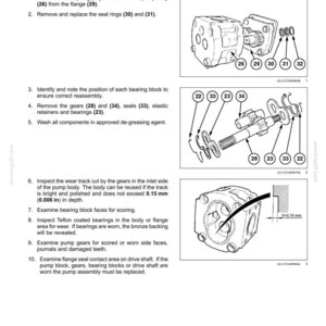 May include: Diagram of a pump disassembly process, with labeled parts and instructions. Includes images of pump components, snap rings, seals, and gears. Text includes measurements in inches and millimeters.