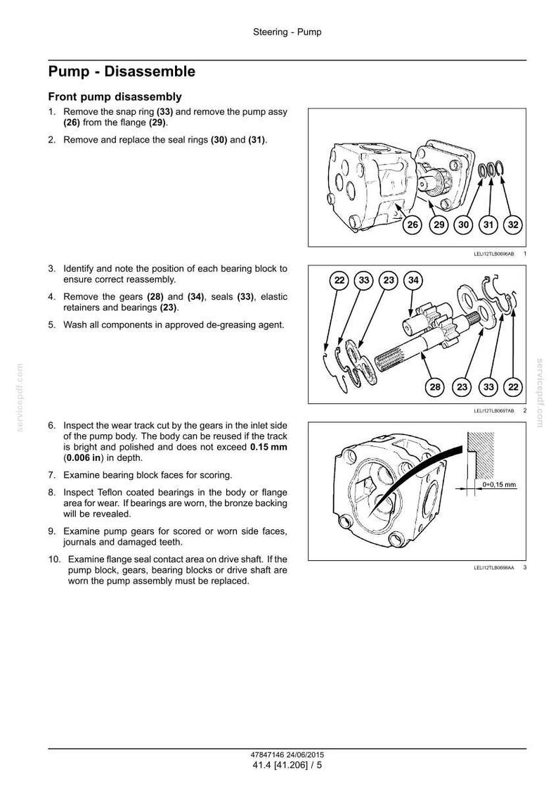 May include: Diagram of a pump disassembly process, with labeled parts and instructions. Includes images of pump components, snap rings, seals, and gears. Text includes measurements in inches and millimeters.