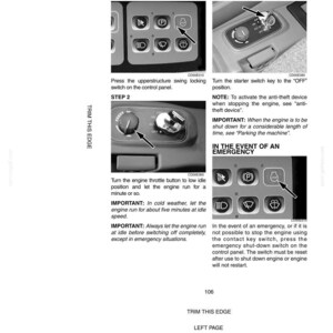 May include: Black and white image of operating instructions for stopping an engine. The instructions include steps for using the control panel, starter switch, and emergency shut-down switch. Text includes "Stopping the Engine" and "In the Event of an Emergency."