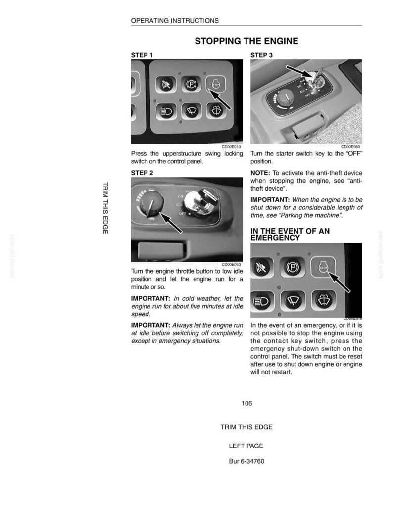May include: Black and white image of operating instructions for stopping an engine. The instructions include steps for using the control panel, starter switch, and emergency shut-down switch. Text includes "Stopping the Engine" and "In the Event of an Emergency."